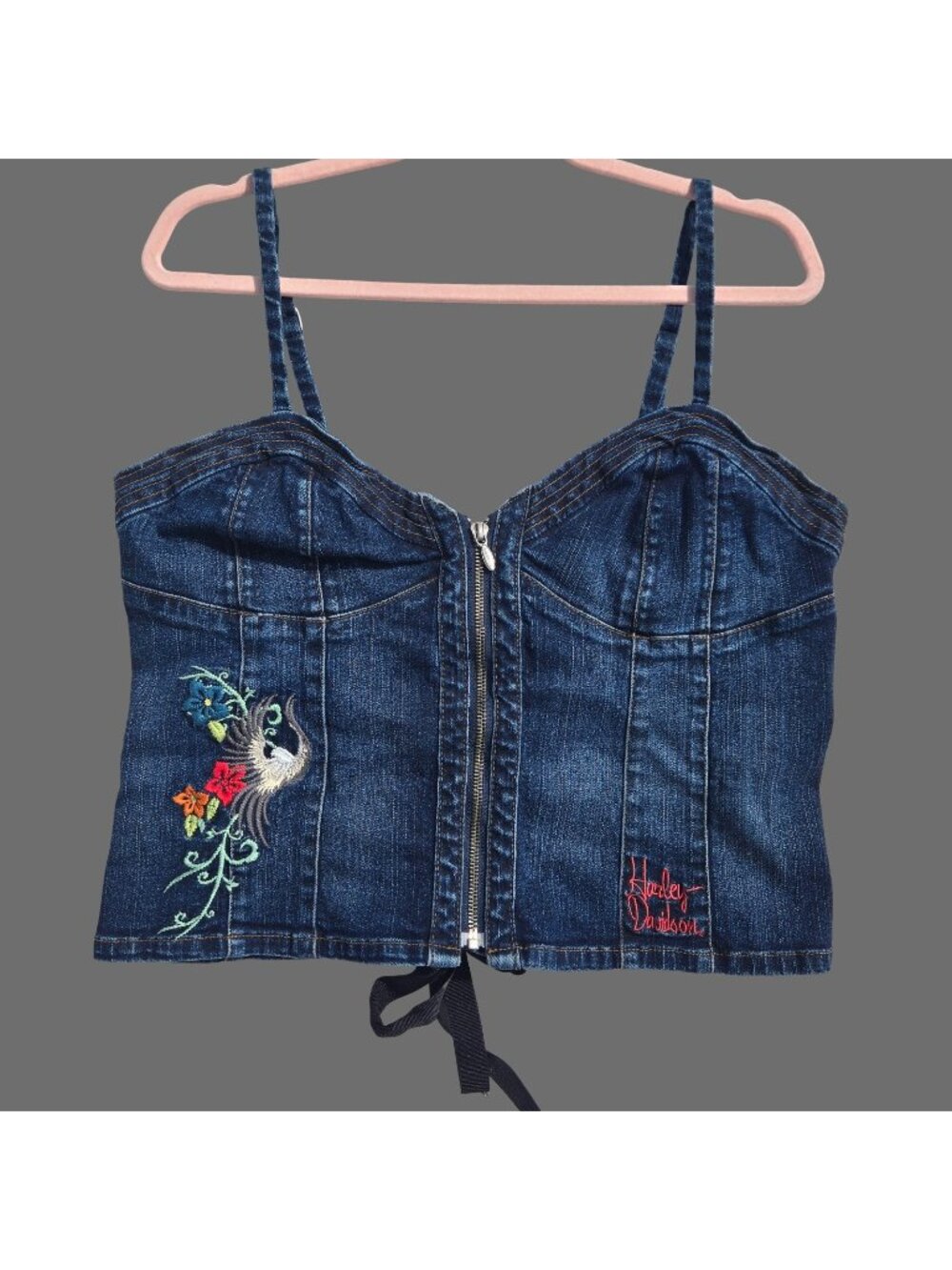 Vintage Y2K Harley Davidson Denim Corset Top Size L Blue Embroidered Lace Up